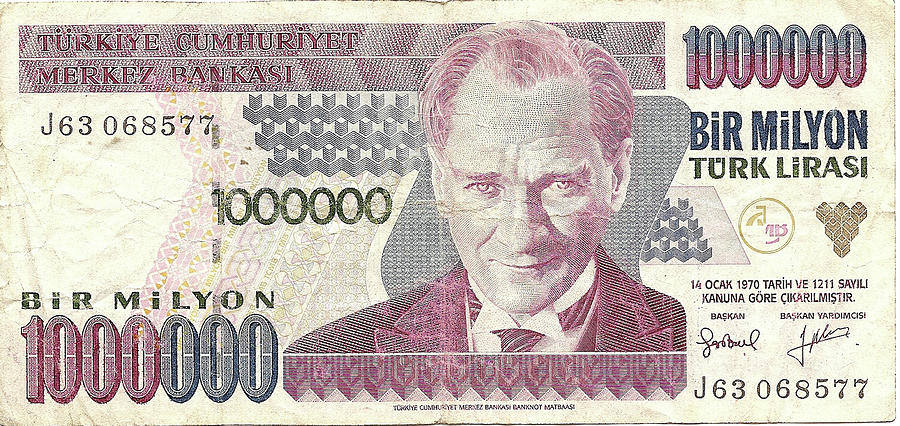 One  million lira note from Turkey Photograph by Steve Estvanik