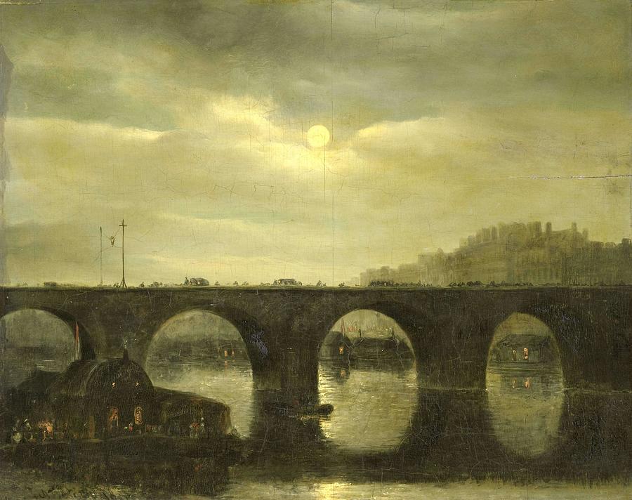 One of the Bridges over the Seine, Paris, in the Moonlight. Painting by Antonie Waldorp -1803-1866-
