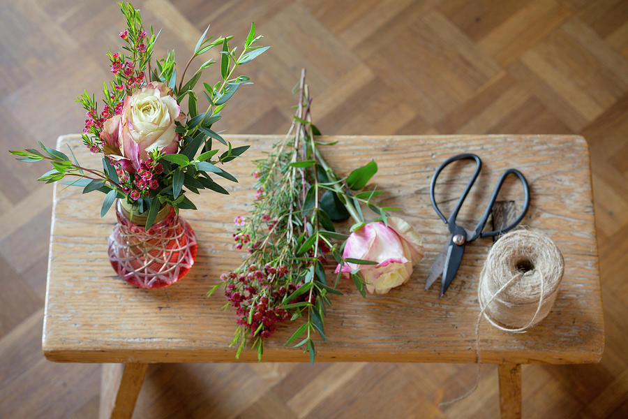 One Posy In Vase And Materials For Making Another Photograph by Iris Wolf