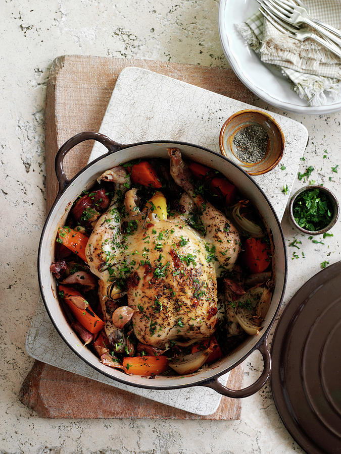 One Pot Roast Chicken With Vegetables Photograph by Gareth Morgans