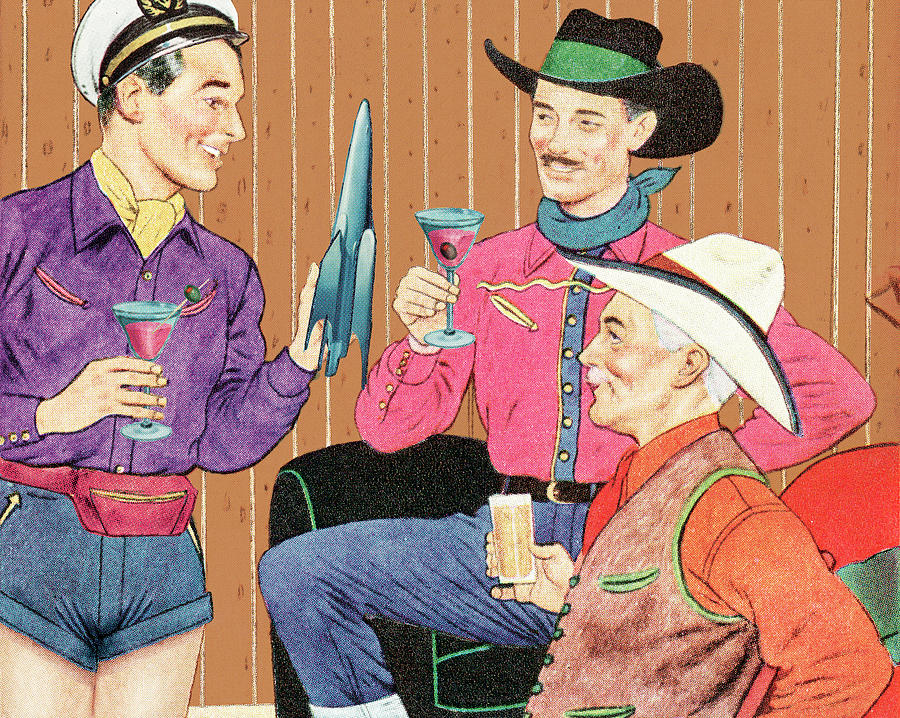 Martini Drawing - One Sailor and Two Cowboys by CSA Images