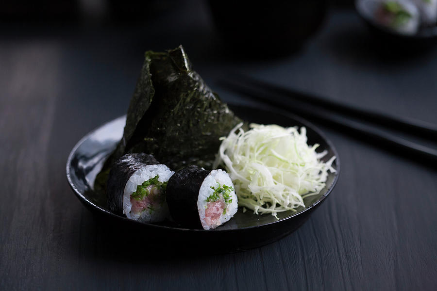 Onigiri And Maki Sushi With Tuna And Dashi Cabbage japan Photograph by Martina Schindler
