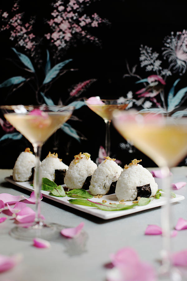 Onigiri rice Balls With Salmon, Japan Served With Cocktails Photograph by Ulrika Ekblom