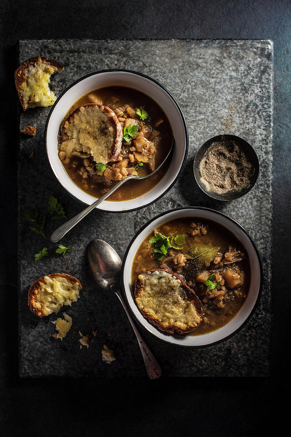 Onion And Barley Soup With Cheese Toasted Bread Photograph by Magdalena Hendey