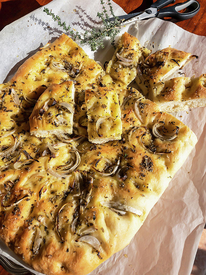 Onion Focaccia And Aromatic Herbs Photograph by Rosa Hereu