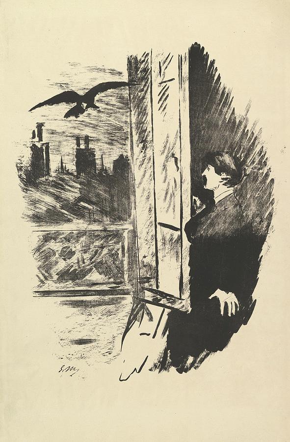 Black And White Drawing - Open Here I Flung The Shutter. Illustration To The Raven by Edouard Manet