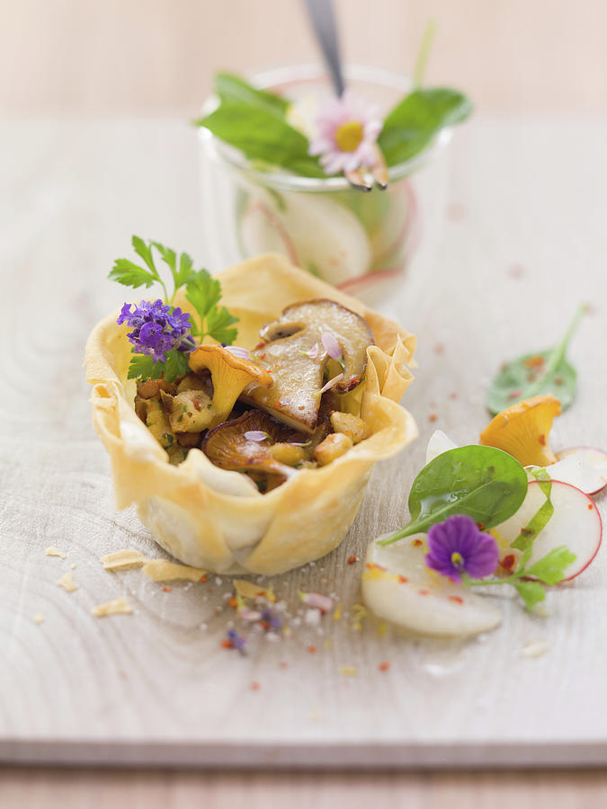 Open Mushroom Strudel With Kohlrabi And Spinach Salad Photograph by Eising Studio