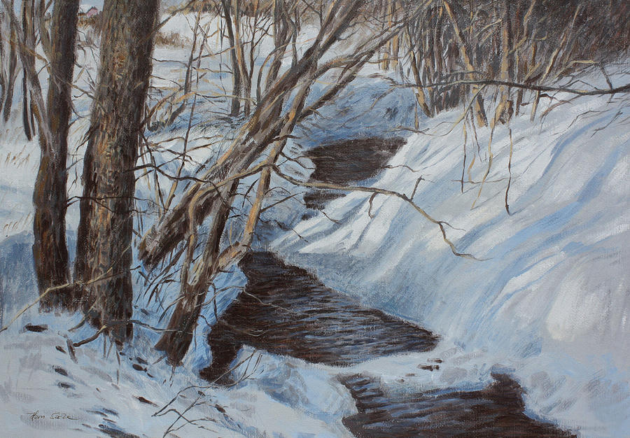 Open stream in winter Painting by Hans Egil Saele