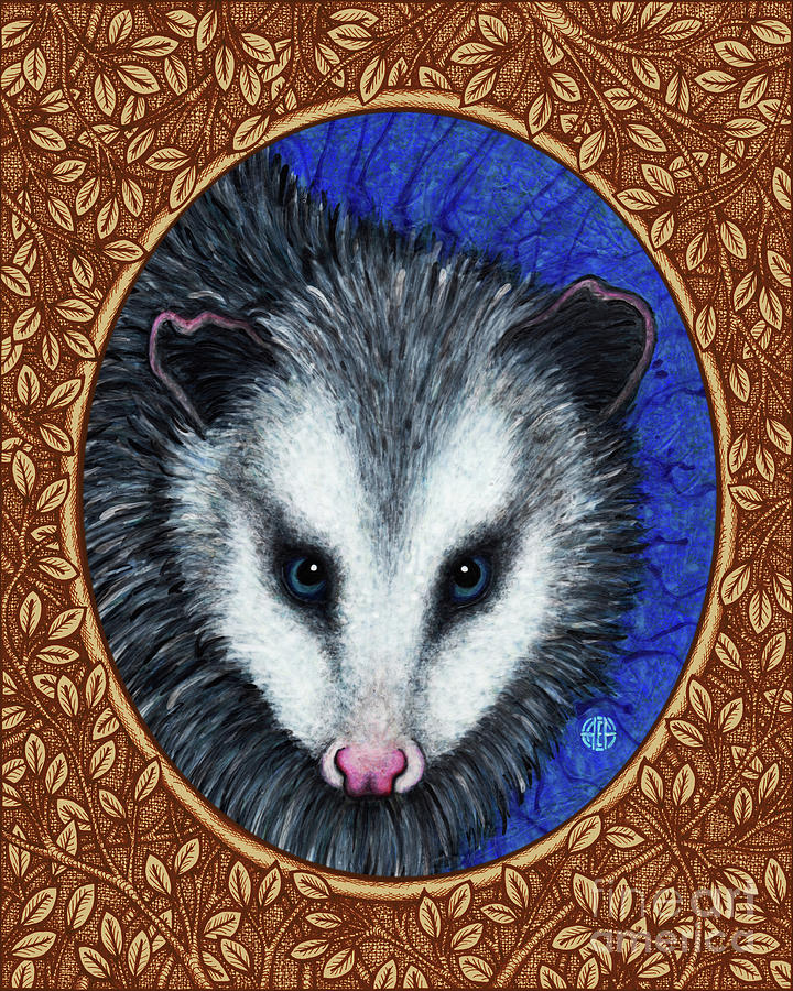 Opossum Portrait - Brown Border Painting by Amy E Fraser