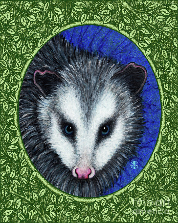 Opossum Portrait - Green Border Painting by Amy E Fraser
