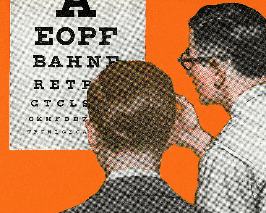 Vintage Drawing - Optometrist and Patient Looking at an Eye Chart by CSA Images