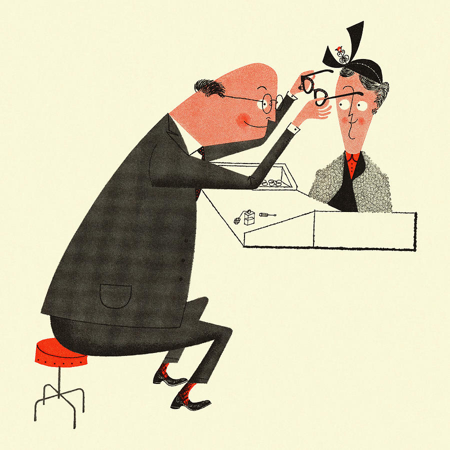 Vintage Drawing - Optometrist Fitting a Woman with Glasses by CSA Images