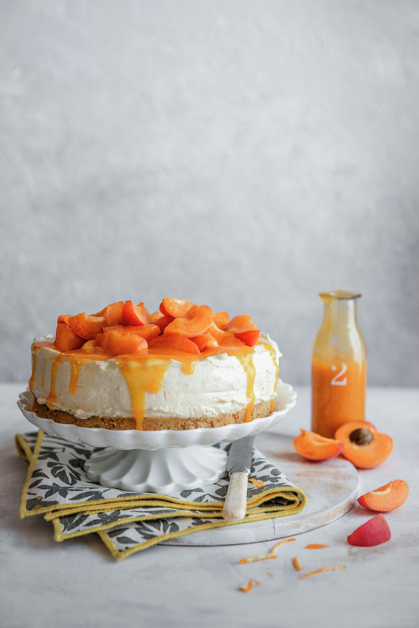 Orange And Apricot Cheesecake With Fresh Apricots And Sauce Photograph by Magdalena Hendey