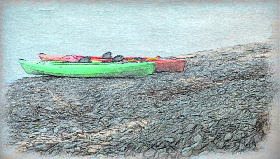 Orange and Green Kayaks Digital Art by Leslie Montgomery
