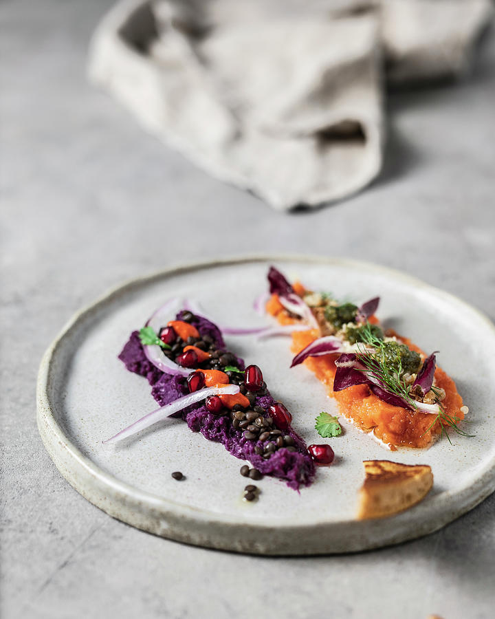 Orange And Purple Mashed Sweet Potato Artfully Topped With Healthy Stuff Photograph by Lenka Selinger