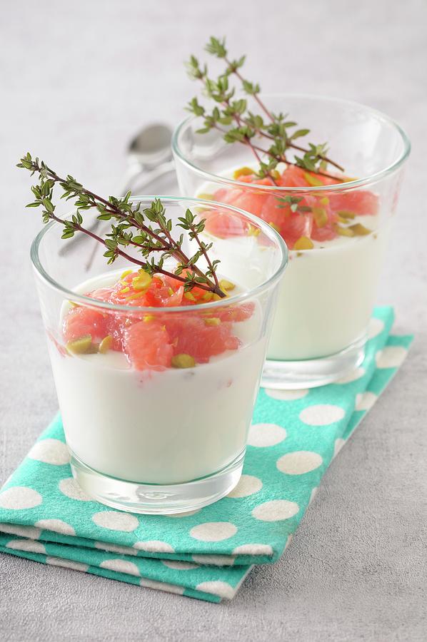 Orange Blossom Panna Cotta With Grapefruit And Lemon Thyme Photograph by Jean-christophe Riou