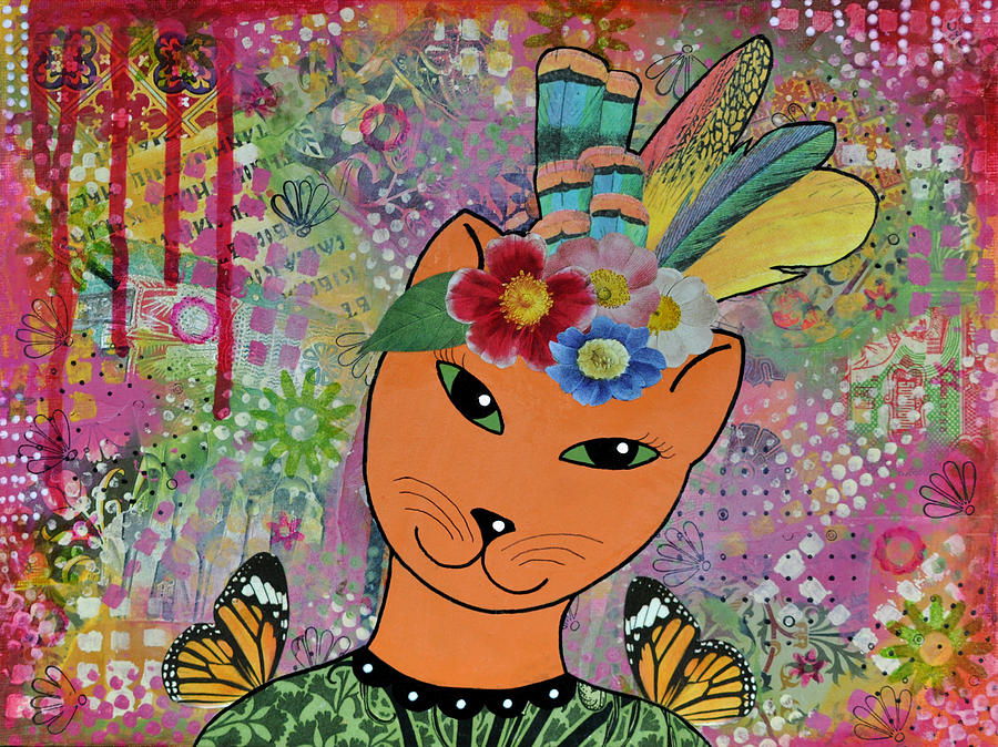 Cat Mixed Media - Orange Cat in Fancy Headdress by Cat Whipple