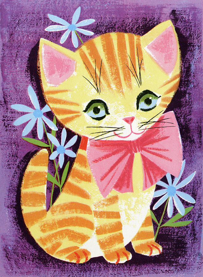 Vintage Drawing - Orange Cat Wearing Bow by CSA Images