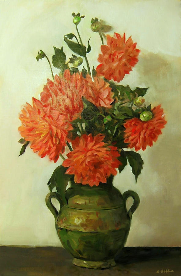 Orange Dahlias in Green Moroccan Vase Painting by Robert Holden - Fine ...