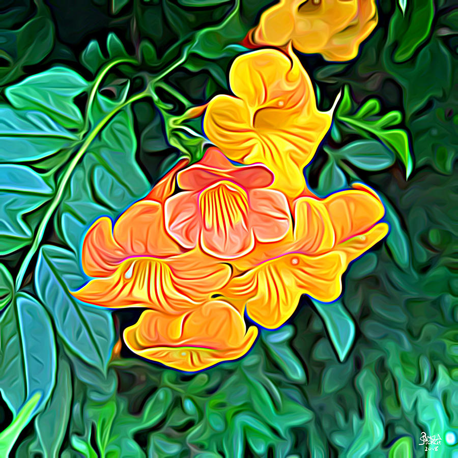 Flower Digital Art - Orange Flowers of Flowing Circuitry by Pamela Storch