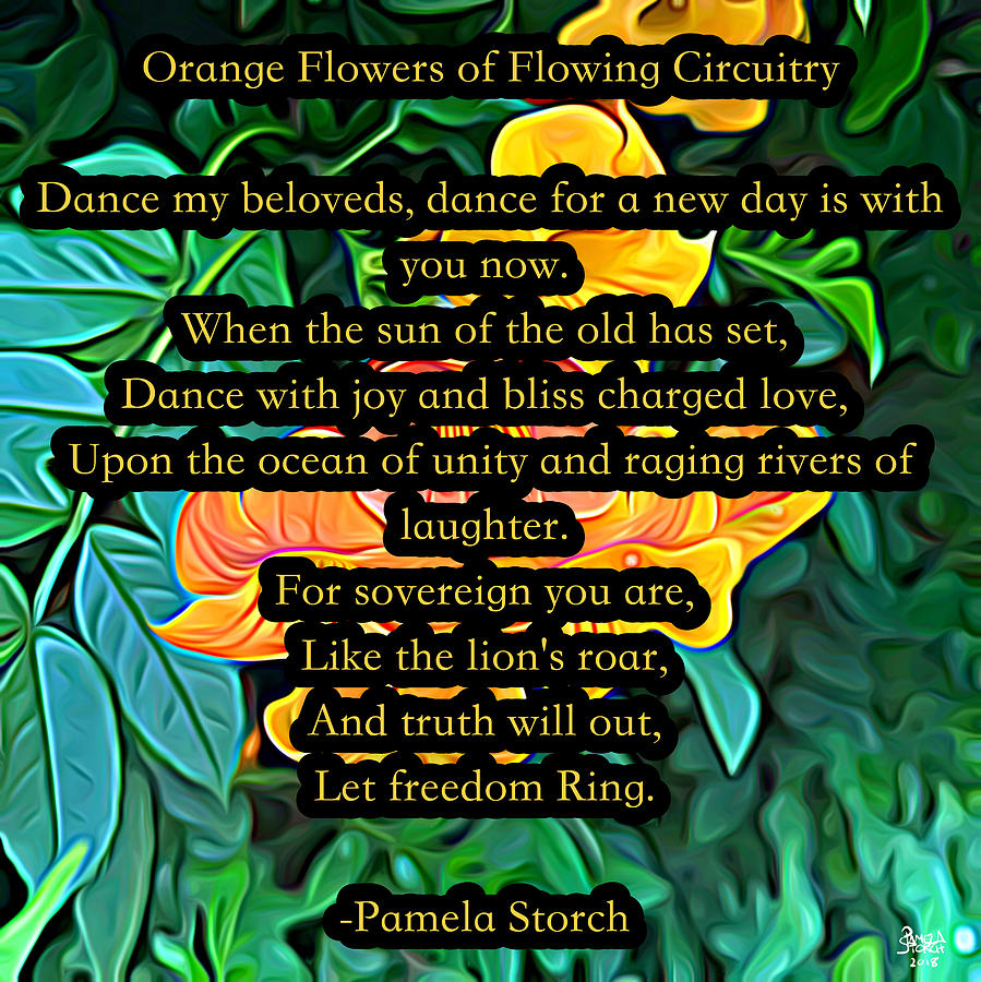 Flower Digital Art - Orange Flowers of Flowing Circuitry Poem by Pamela Storch
