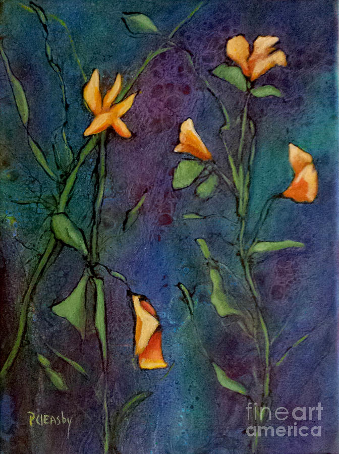 Flower Painting - Orange flowers on Purple Blue by Patricia Cleasby