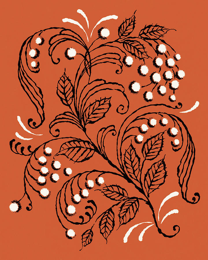 Vintage Drawing - Orange Leaf and Berry Pattern by CSA Images