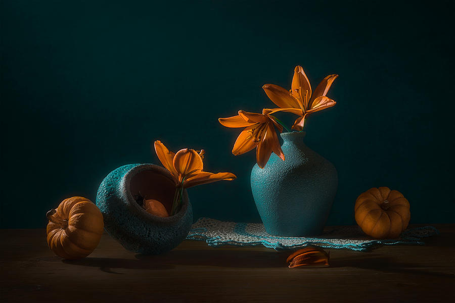 Orange Lily And Squash Photograph by Lydia Jacobs