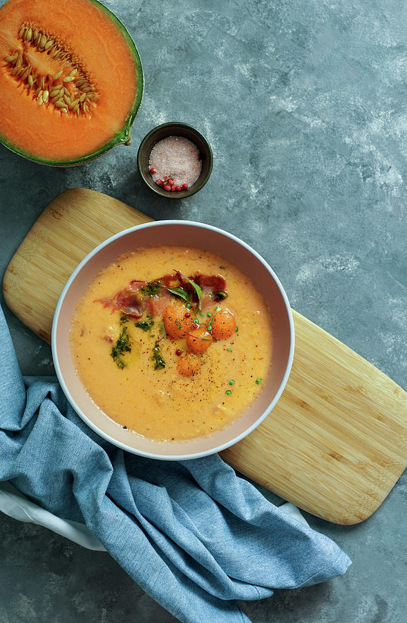 Orange Melon Cold Soup, With Jamon, Typical Spanish Dish Photograph by Julia Bogdanova