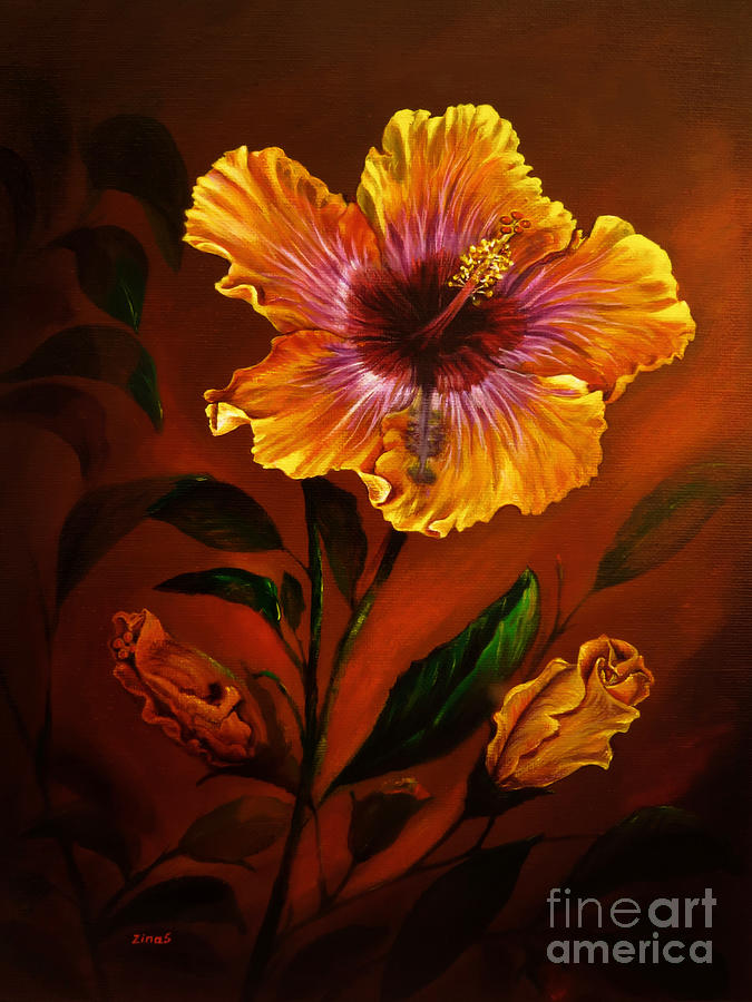 Nature Painting - Orange painted hibiscus by Zina Stromberg
