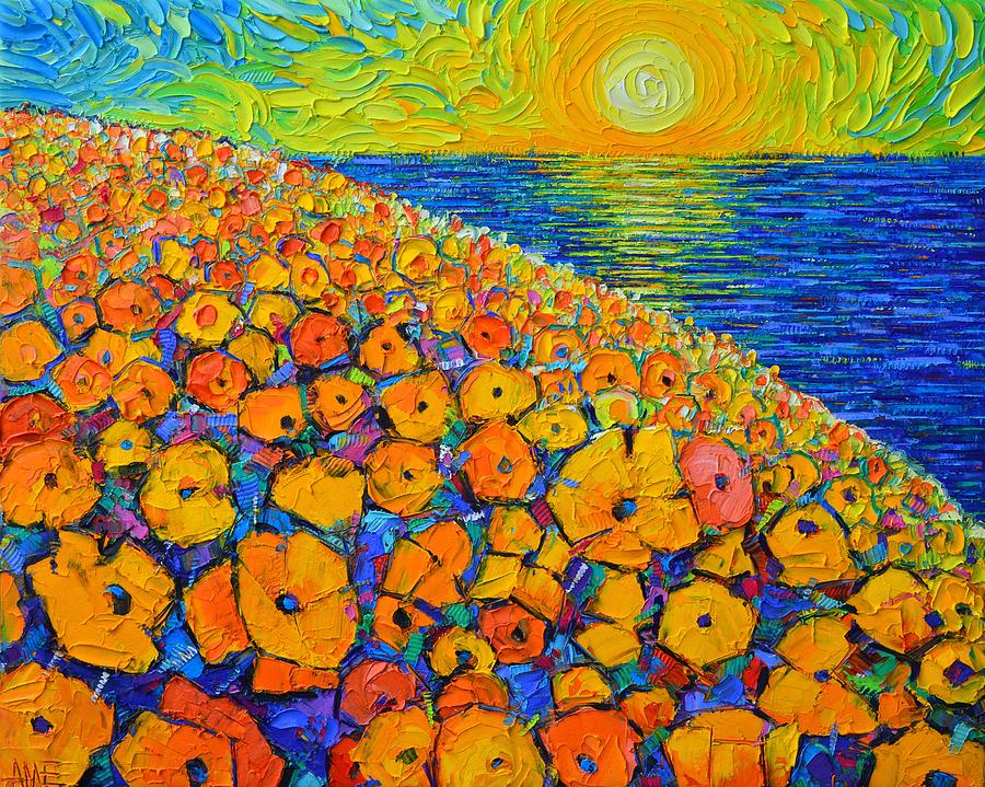 ORANGE POPPIES SEA SUNRISE abstract landscape textural palette knife oil painting Ana Maria Edulescu Painting by Ana Maria Edulescu
