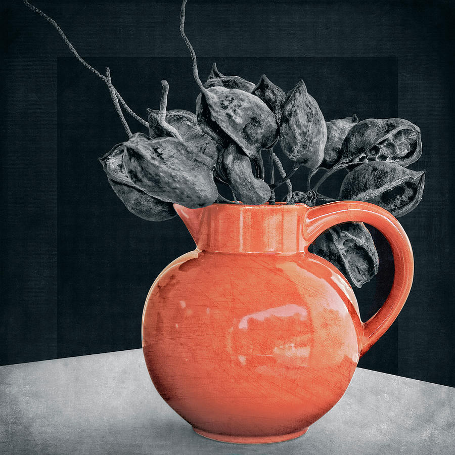 Orange Pot And Seed Pods Photograph