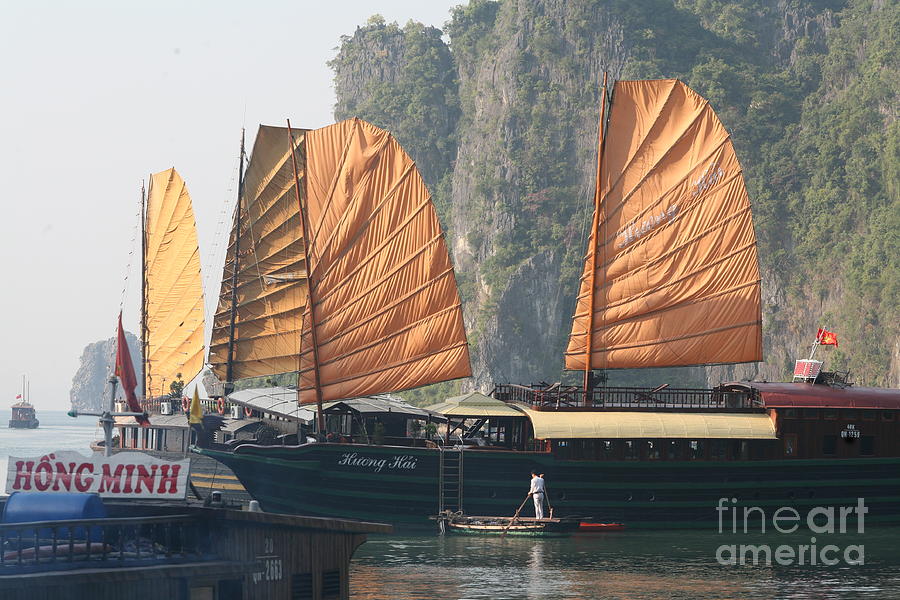 Orange Sail Ha Long Bay Vietnam  Photograph by Chuck Kuhn