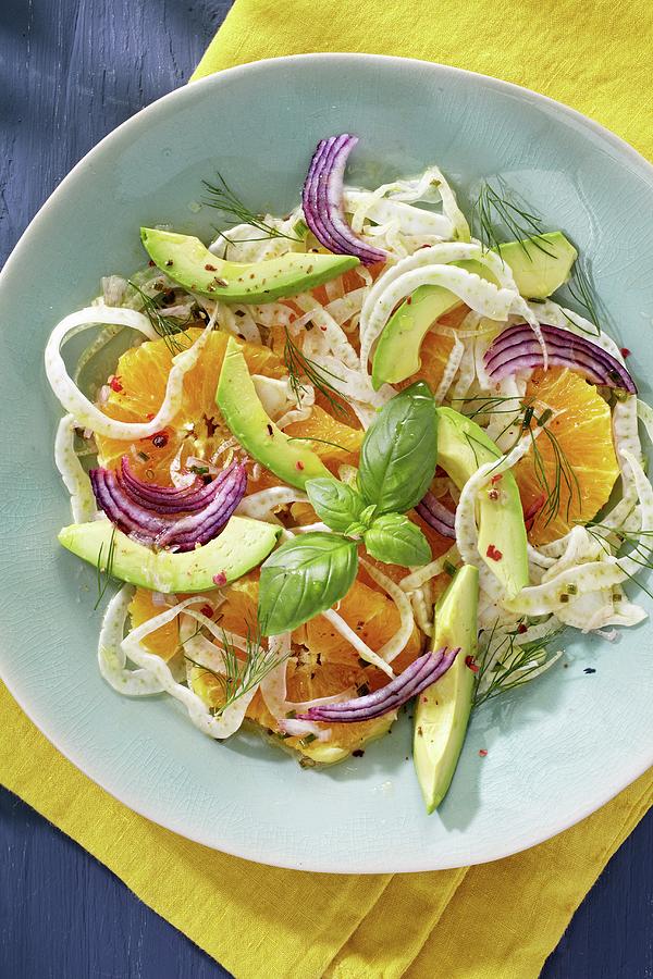 Orange Salad With Fennel, Red Onions And Avocado Photograph by Alessandra Pizzi