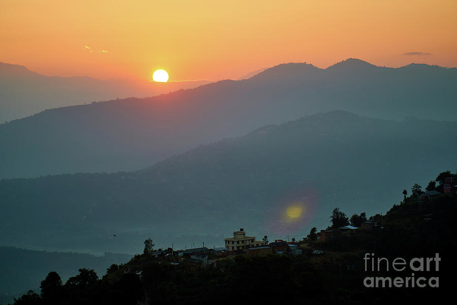 Nature Photograph - Orange sunrise above mountain in valley Himalayas mountains by Raimond Klavins