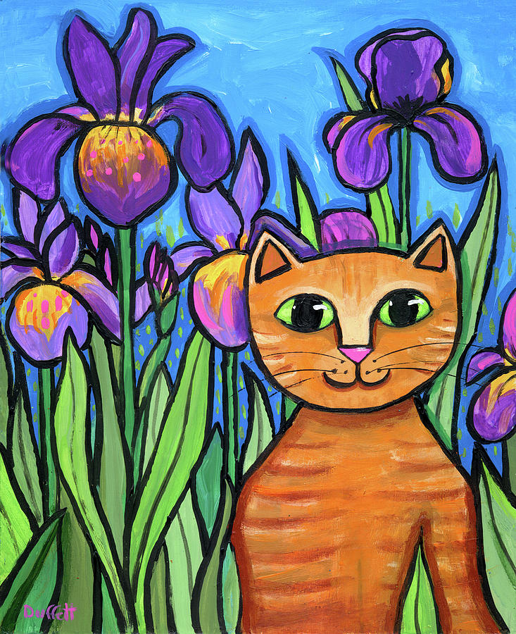 Flower Painting - Orange Tabby Cat Irises Flowers by Shelagh Duffett