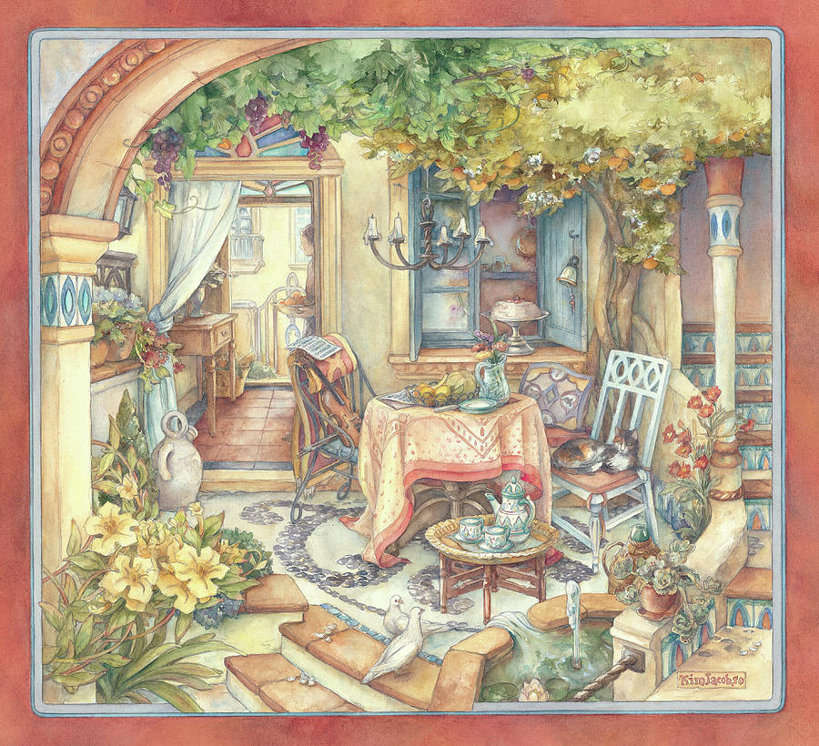 Watercolors Painting - Orange Tree Courtyard by Kim Jacobs Watercolors Painting - Orange Tree Courtyard by Kim Jacobs