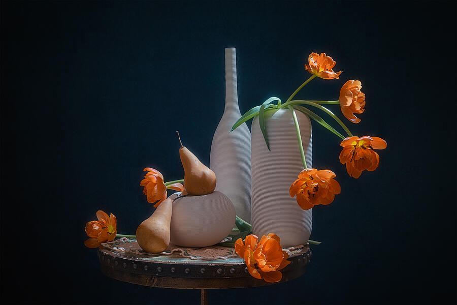 Orange Tulip And Pear Photograph by Lydia Jacobs