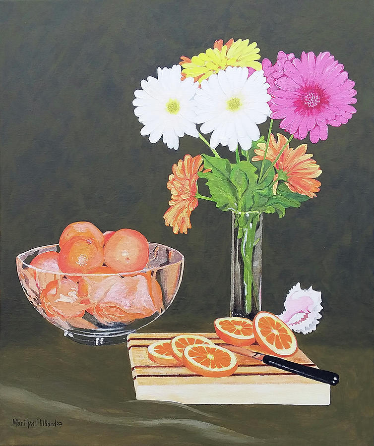 Oranges and Daisies Painting by Marilyn Borne