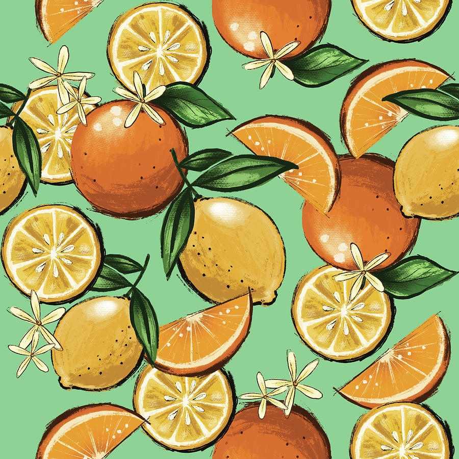 Lemon Drawing - Oranges And Lemons On Turquoise by Curtis