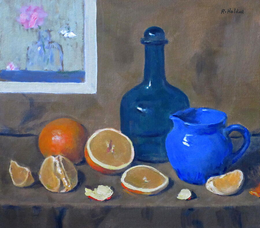 Oranges, Blue Bottle and Blue Porcelain Creamer Painting by Robert ...