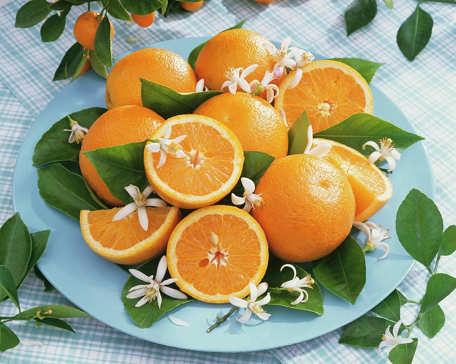 Oranges, Orange Blossom And Leaves On Turquoise Plate Photograph by Strauss, Friedrich