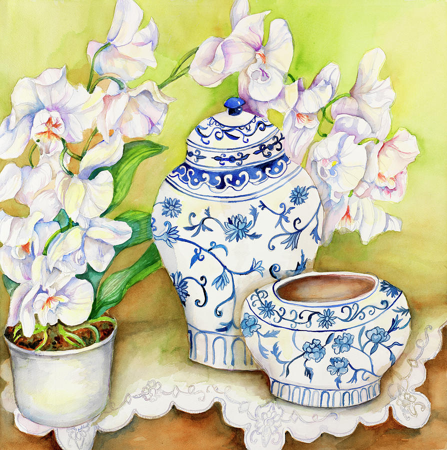Flowers Still Life Painting - Orchid With China Vases by Joanne Porter