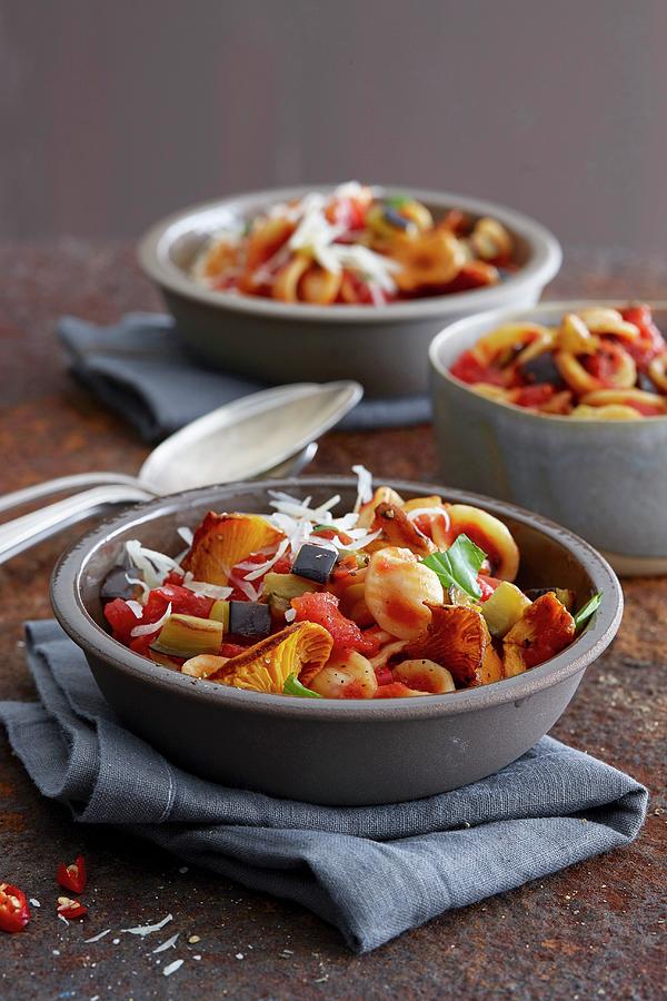 Orecchiette Pasta With Aubergines And Mushrooms one Pot Dish Photograph by Misha Vetter