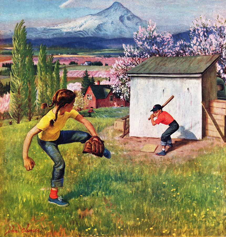 Oregon Baseball Drawing by John Clymer