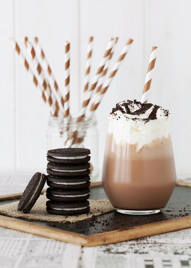 Candy Photograph - Oreo Cookies And A Glass Of Milk Chocolate Shake usa by Jane Saunders