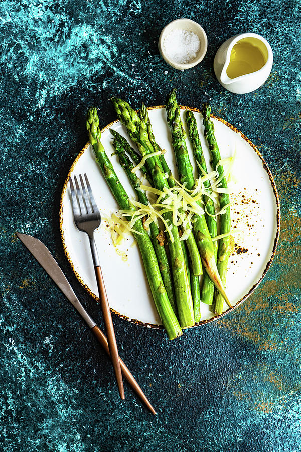 Organic Grilled Asparagus Served For Healthy Keto Lunch On Stone Background With Copy Space Photograph by Anna Bogush