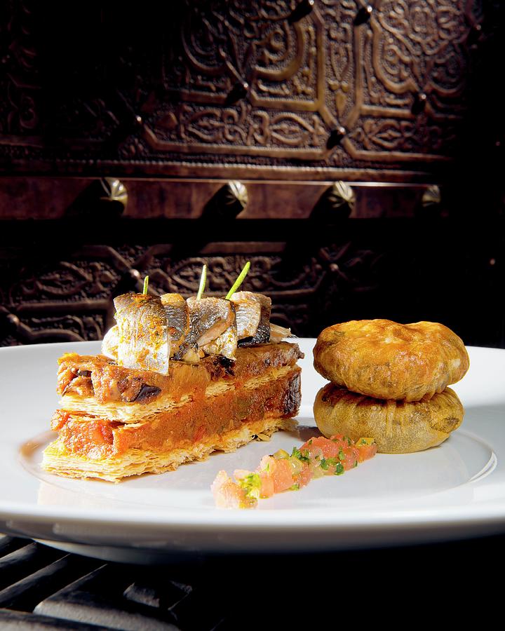 Oriental Aubergine Millefeuille With Sardines And Celery Pastilla Photograph by Jalag / Alexandre Chaplier