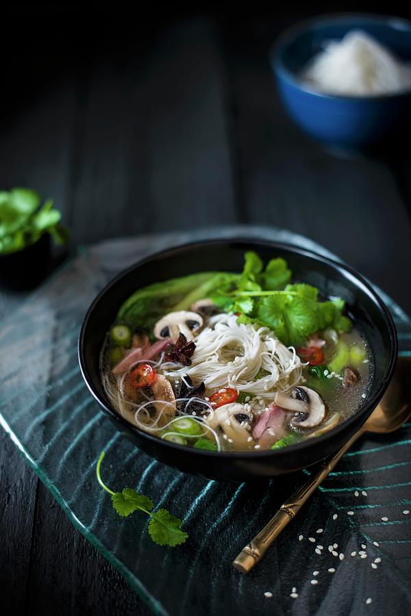Oriental Broth Made With Pork Knuckle Stock And Meat With Mushrooms, Star Anise, Pak Choi, Chillis, Sesame Seed, Miso With Noodles Photograph by Magdalena Hendey