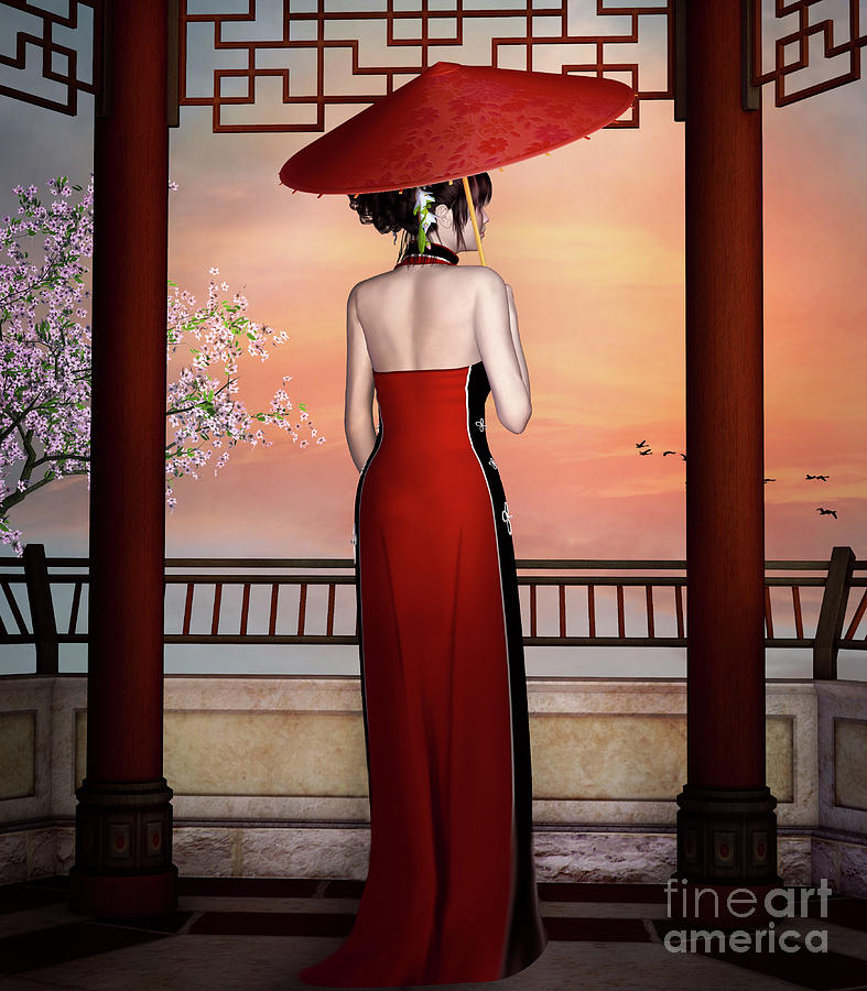 Verplicht middag wandelen Oriental girl from behind with a parasol Digital Art by EllerslieArt -  Pixels